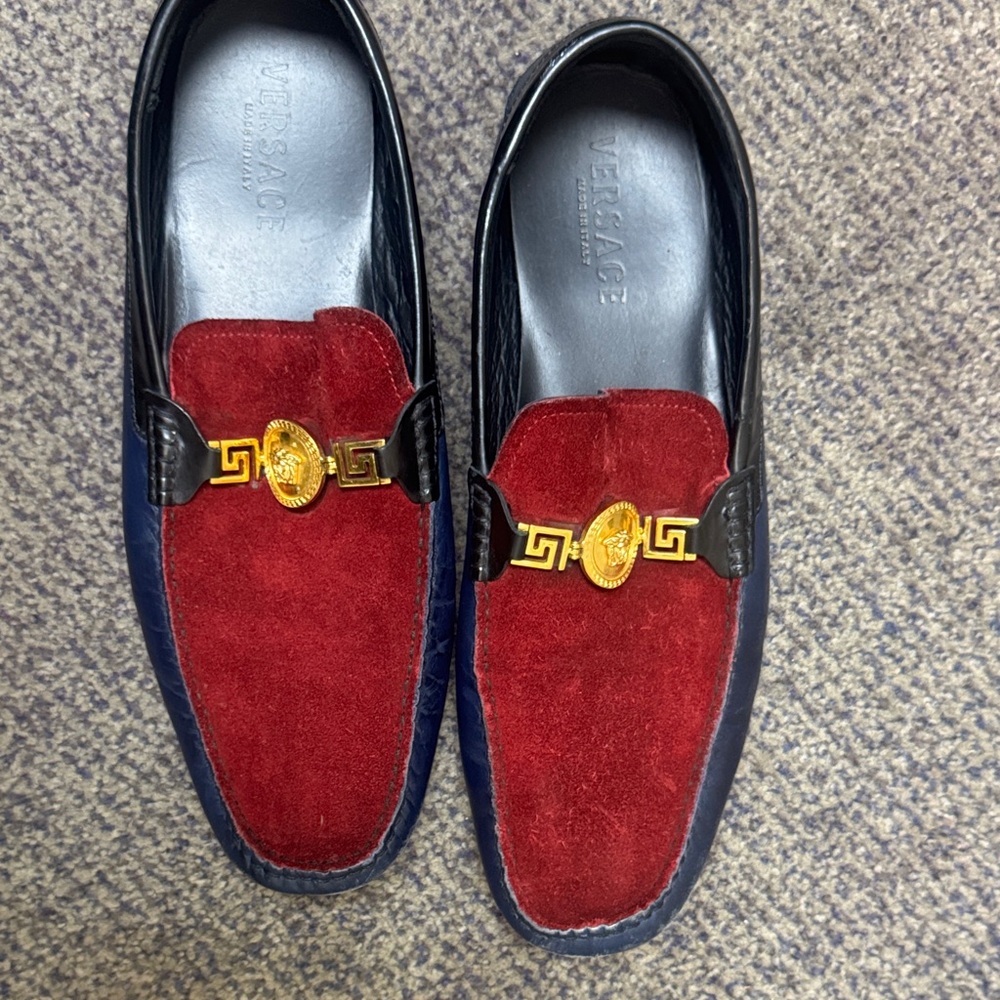 Versace Men's Luxurious Borduex and Blue Slip-Ons